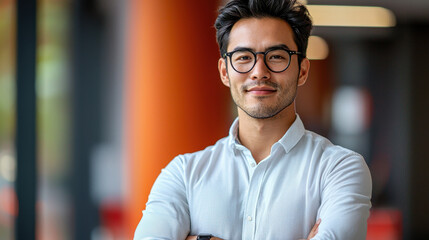Confident young man with glasses, white shirt, and dark hair standing with arms crossed in modern office, smiling and looking at camera, professional and successful atmosphere