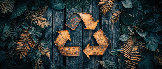 Rustic recycle symbol, weathered metal, surrounded by green leaves and ferns on aged wooden planks, promoting eco friendly, sustainable, and environmental awareness