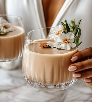 Women hand holdibg glass with creamy coctail, decorated with delicate edible flowers, close up. Natural daylight. Aesthetic lifestyle