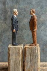 Two businessperson figurines in formal suits stand face to face on separate wooden blocks, symbolizing competition, negotiation, or confrontation in professional setting