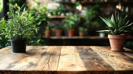 Wooden table with potted plants rustic style natural light cozy atmosphere green foliage blurred background indoor setting peaceful mood home decor