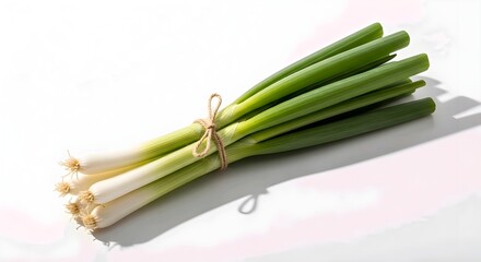 A bunch of green onions tied together with a string, casting a shadow on a white background surface. AI Generated