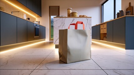 Modern kitchen, groceries in reusable bag, sunlight, island