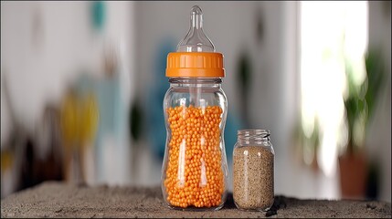 Orange baby bottle formula, kitchen background