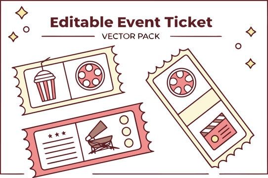 Collection of editable vector event tickets featuring movie themed icons like popcorn film reels and clapperboards for creative design projects
