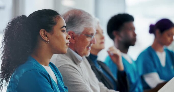 Woman, doctor and people with healthcare, seminar and research with medical conference. Group, audience and crowd in hospital, workshop and learning with announcement, presentation and meeting