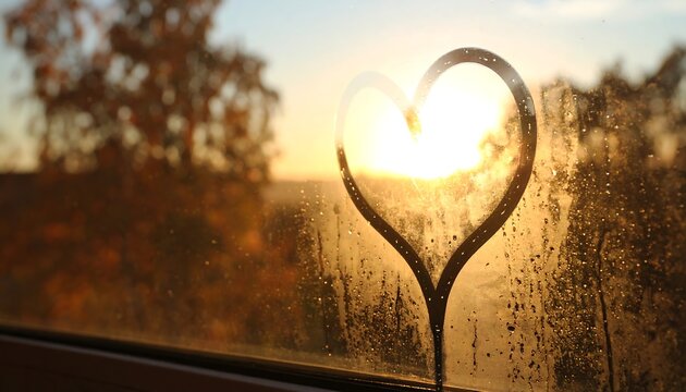 Heart shape drawn on frosted window at sunset - Powered by Adobe
