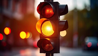 Traffic light on yellow at sunset