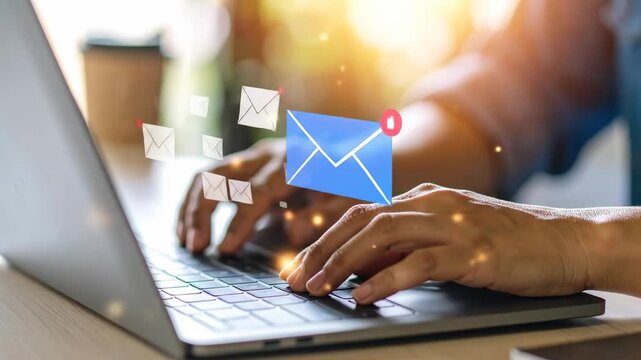Hands typing on a laptop with an email notification