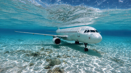 Fototapeta premium Airplane submerged underwater creates surreal scene, evoking sense of wonder and mystery