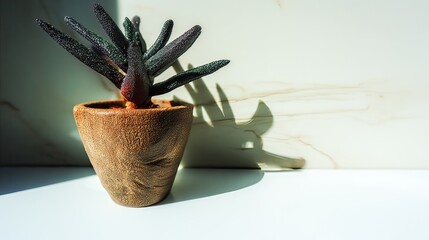 Sunlit succulent in wooden pot on windowsill