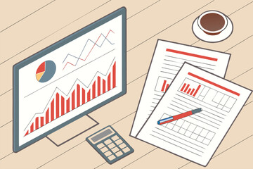 Obraz premium Professional workspace featuring financial reports, graphs, and coffee on a wooden desk