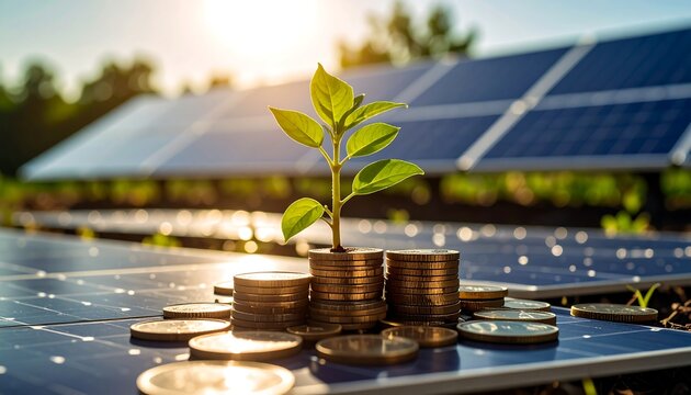 Sunlight, sprout, coins, solar panels