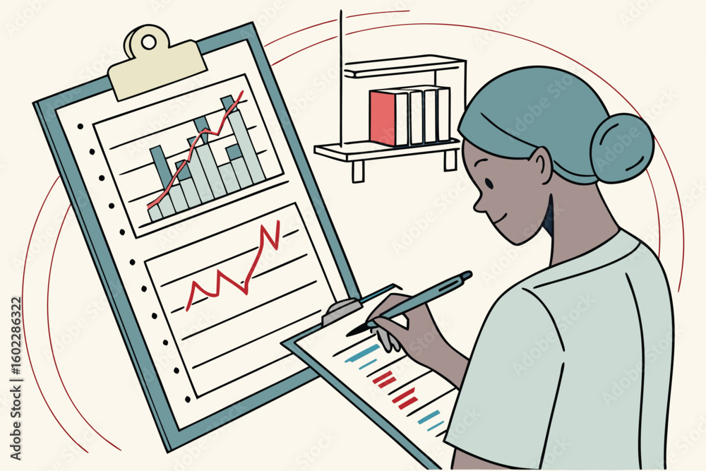 Poster professional analyzing data trends with graphs and charts in a minimalistic work environment during 