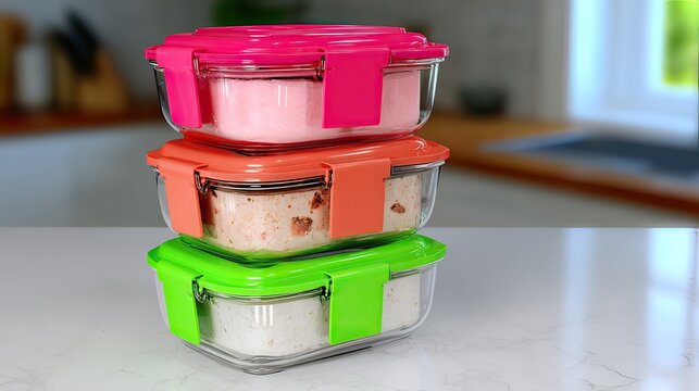 Stacked glass food containers, kitchen background - Powered by Adobe