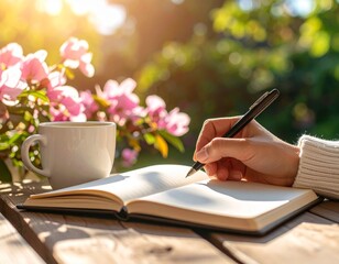 Close-up of hand journaling with coffee and flowers, peaceful morning routine