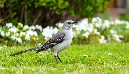 Charming Northern Mockingbird Perched Gracefully Amidst Lush Greenery in Natural Setting
