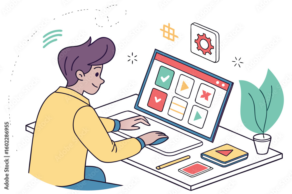 Poster illustration of a person working on a computer at a desk, focusing on application design and user in