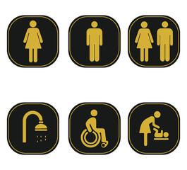 luxury hotel restroom sign set in black and gold &ndash; elegant rounded square icons for men, women, wc, baby room, accessible, shower, and more