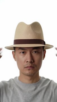 Stylish young adult rapidly changes diverse headwear with snappy jump cuts against a transparent studio background, subtle shifts in expression, high-key lighting, emphasizing versatility and