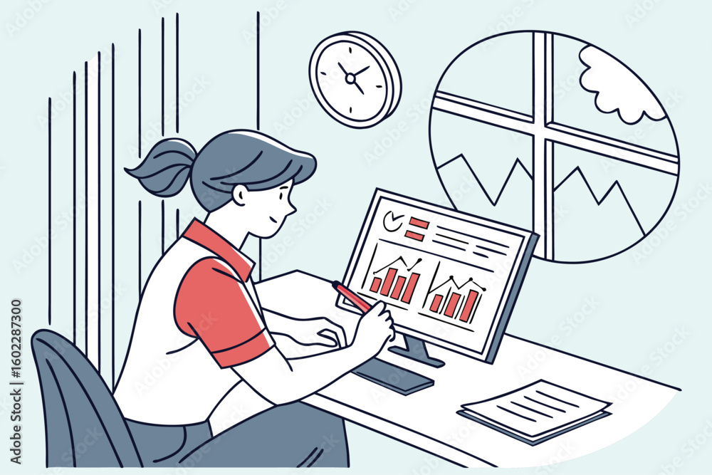 Poster person analyzing data on a computer in a bright office space while taking notes on a notepad, during