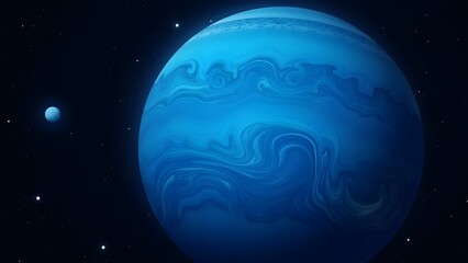 Naklejka premium A stunning digital illustration of the ice giant planet Neptune and its moon Triton, viewed from the dark expanse of deep space with stars.