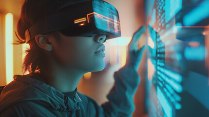 Young Woman in VR Headset Interacting with Futuristic Neon Interface; Cyberpunk Style, Immersive Technology Concept