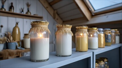Lit jar candles, rustic attic, shelf display, home decor