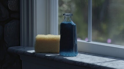 Blue bottle, sponge, window sill, sunlight, cleaning