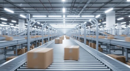 Modern fulfillment center showcasing streamlined logistics with boxes gliding along a long conveyor belt.