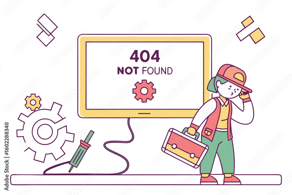 Poster creative illustration depicting a character confused by a 404 error on a computer screen surrounded 
