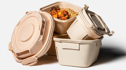 Stacked eco-friendly takeout containers with food, studio shot