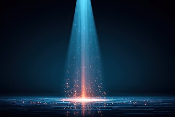 A vibrant blue spotlight illuminates a dark, textured surface, with warm-toned particles swirling at its base, creating a dramatic and ethereal effect