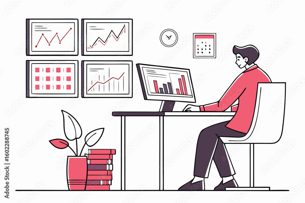 Poster person working on a computer in a modern office environment with various charts and graphs displayed