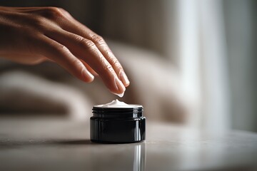 Hand Applying Face Cream with Soft Focus Background