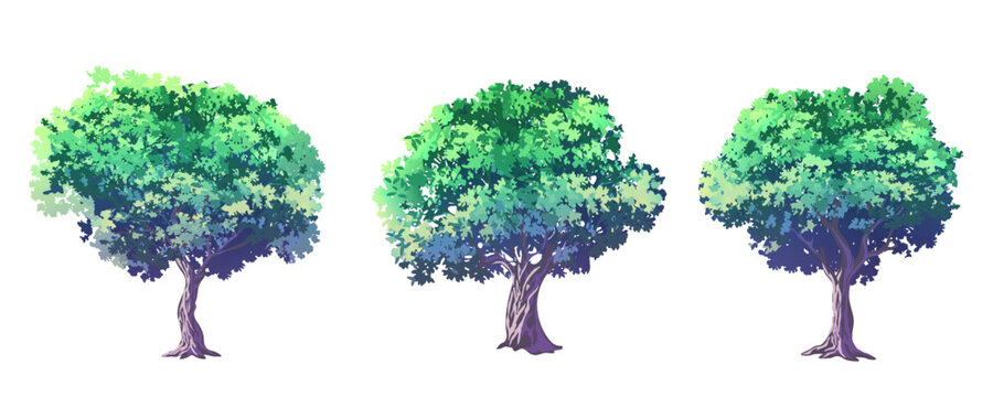 Set of green leafy trees in anime style. Vector illustration isolated on white background.