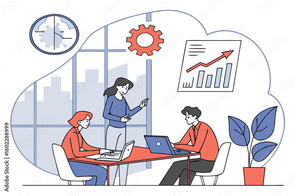 Poster teamwork in an office setting with an emphasis on data analysis and project discussion during a work