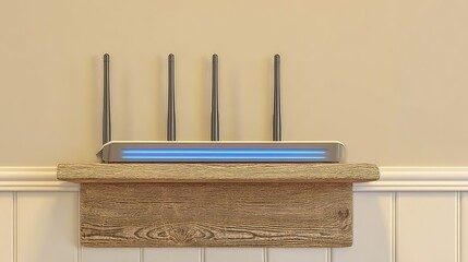 Home Wi-Fi router on shelf, internet signal, beige wall