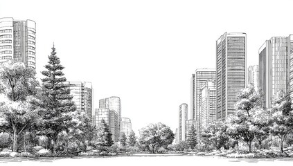 Naklejka premium Urban park sketch, tall buildings