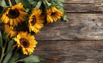 A large bunch of vibrant sunflowers is beautifully arranged on a wooden table