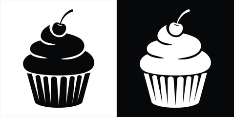 Black and White Cupcake Illustration with Cherry, Perfect for Bakery Designs