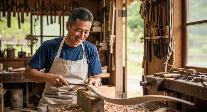happy craftsman shaping wood in workshop