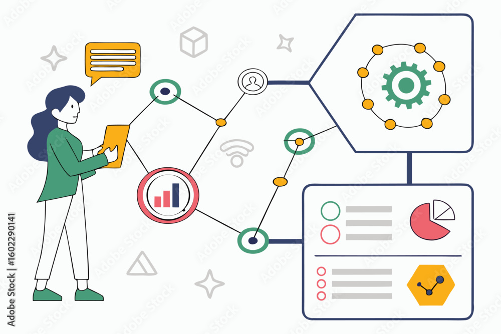 Poster exploring data and analytics with a professional using technology to evaluate trends and connect inf