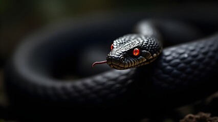 Obraz premium Striking Black Snake with Red Eyes in Natural Habitat Venomous Reptile Portrait