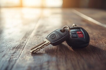 A car key with a key fob lies on a wooden table with a sunlit background.