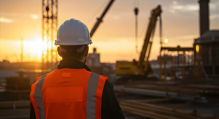 Construction worker overlooking a large scale project at sunset, feeling proud of his team's hard work and dedication to completing this massive undertaking on time.