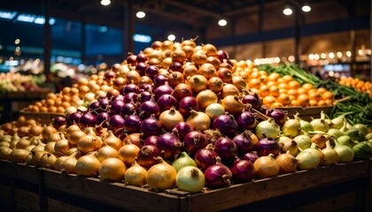 Colorful onions piled high in a market