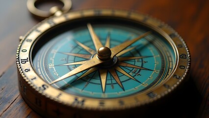 Golden compass on a rustic wooden background, symbolizing direction, adventure, and guidance for a journey