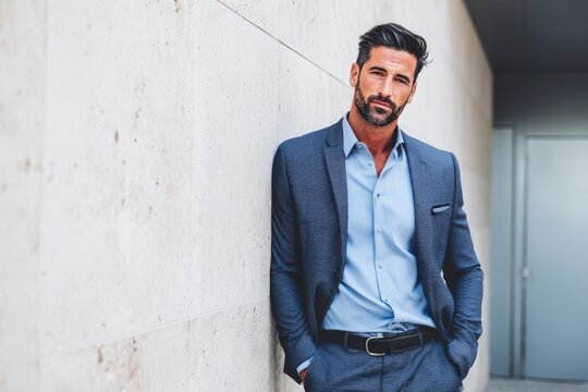 Man in suit leans against wall gazing at camera He wears open blue shirt dark belt Textured background Door visible - Powered by Adobe