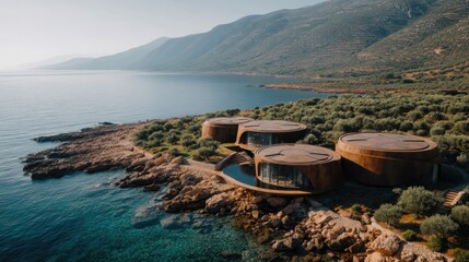 Aerial view of three circular, rust-colored structures nestled on a rocky coastline overlooking a calm sea and distant mountains under a hazy sky. Landscaping features olive trees